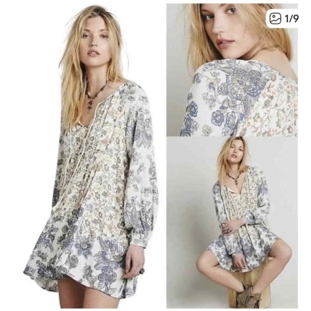 Free People Floral Mini Dress - Cream and Blue
